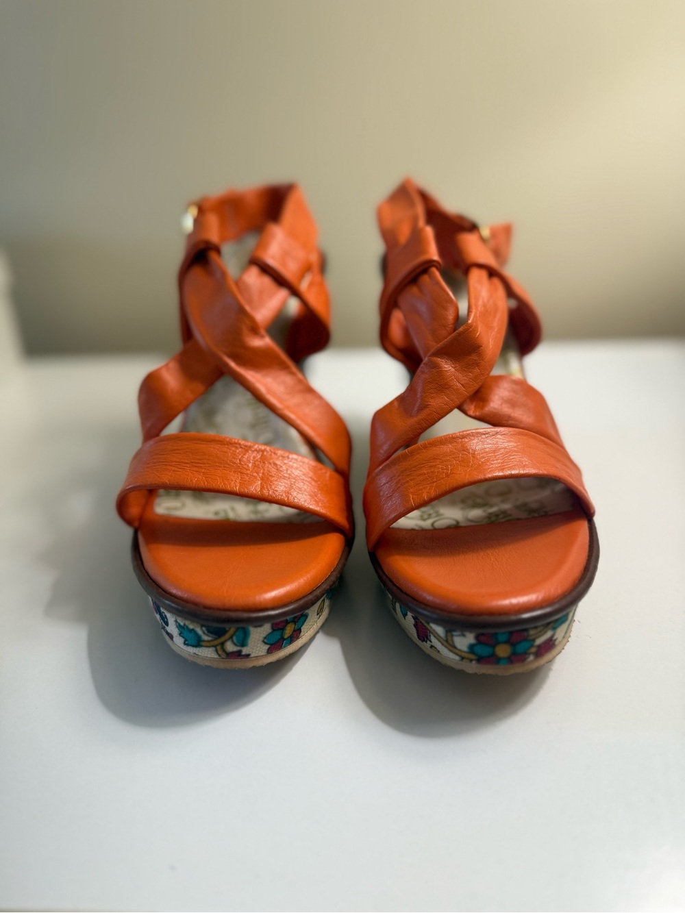 Orange Tapestry Patterned-Platform Wedge Sandals with Cross Straps- Size 8 - Picture 9 of 12